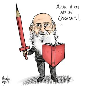 Paulo Freire mit Stift-Schwert