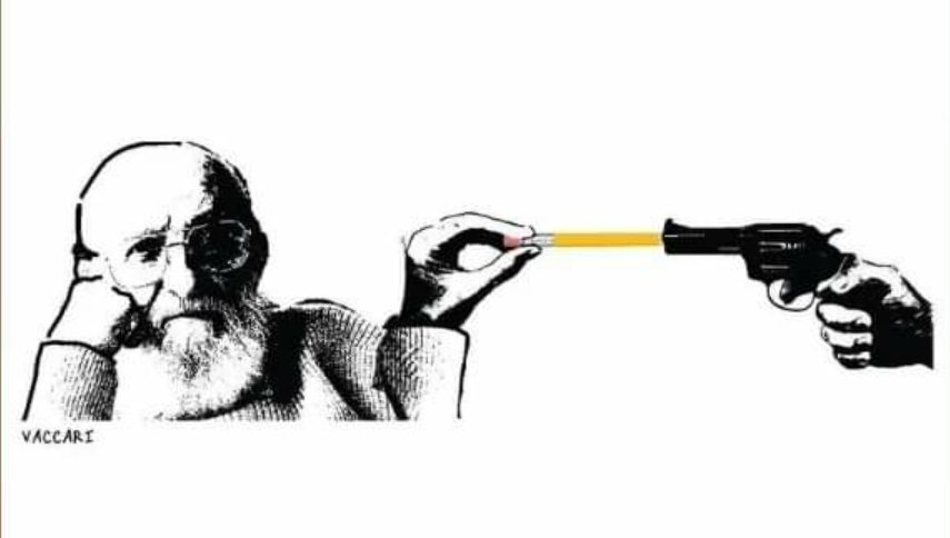 Paulo Freire mit Stift in die Pistole